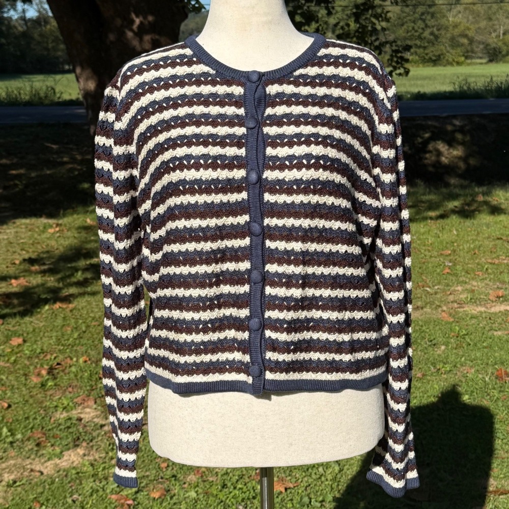 Tuckernuck Striped Knit Martha Cardigan XXL Navy Brown Cream Viscose Preppy Chic